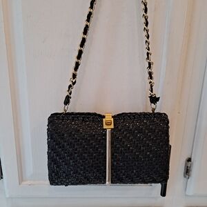 Ronora Hong Kong Elegant Black Vinyl Wicker Woven Crossbody Bag with Gold Detail